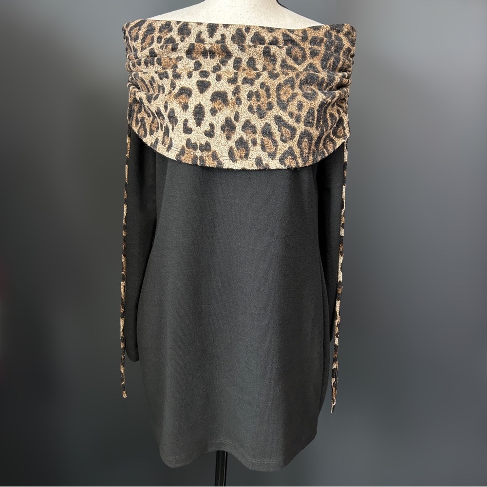 Vintage Y2k 2000s Leopard Off The Shoulder Sweater Dress Tunic Wool It Girl m